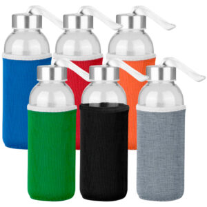 Botella de Vidrio Silica con funda de Neopreno 440cc con Logo